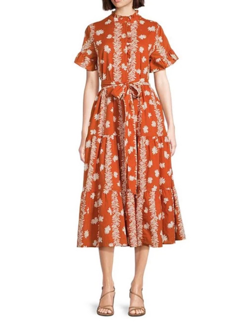 J. Marie Aubrey Burnt Orange Floral Button Up Belted Cotton Midi Dress Small